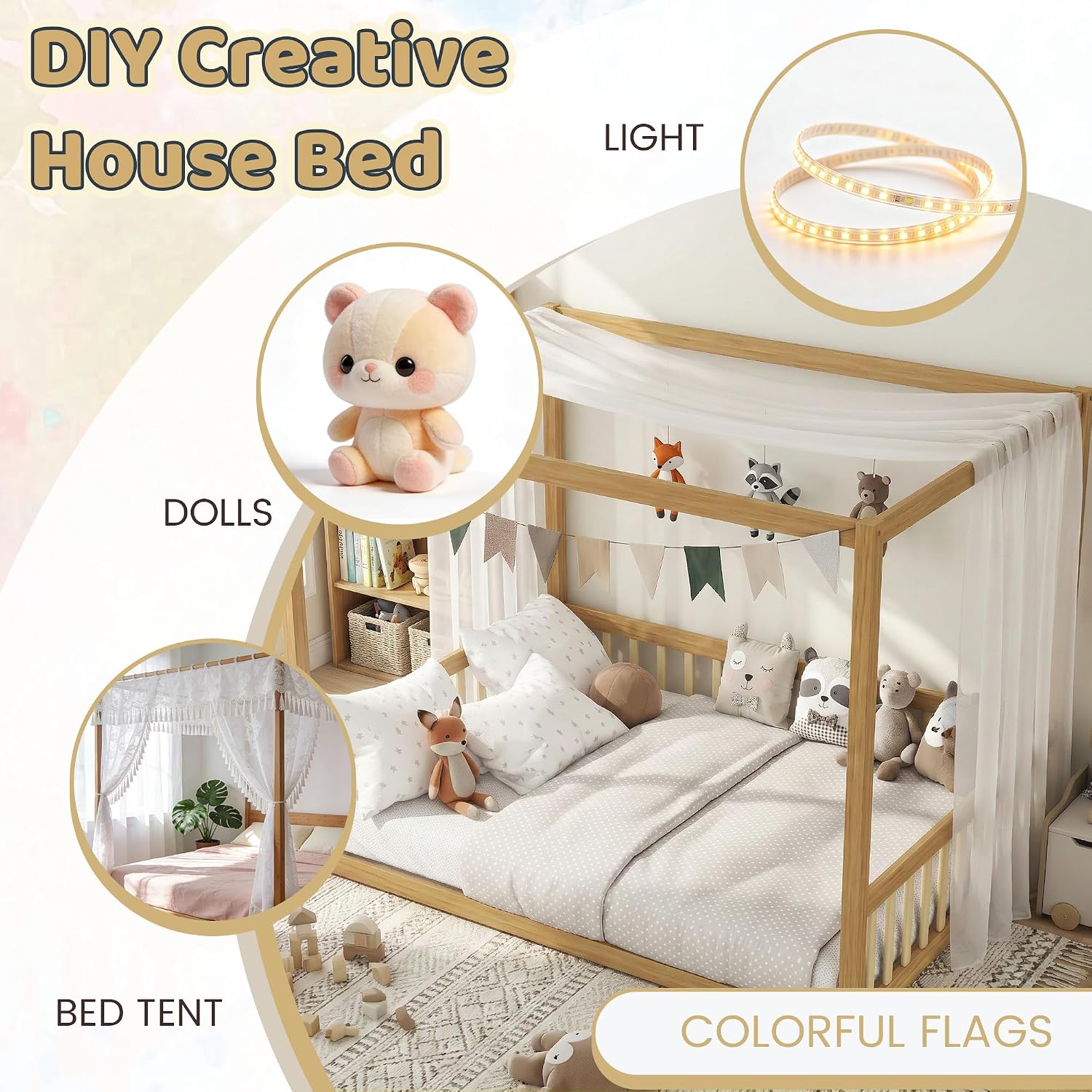 Canopy Bed Frame Full with 4 Posters and Guardrails, Rubber Wood Full Size Montessori Floor Bed with Canopy Frame, Safe and Stylish Canopy Bed Full for Kids Girls Boys,Natural