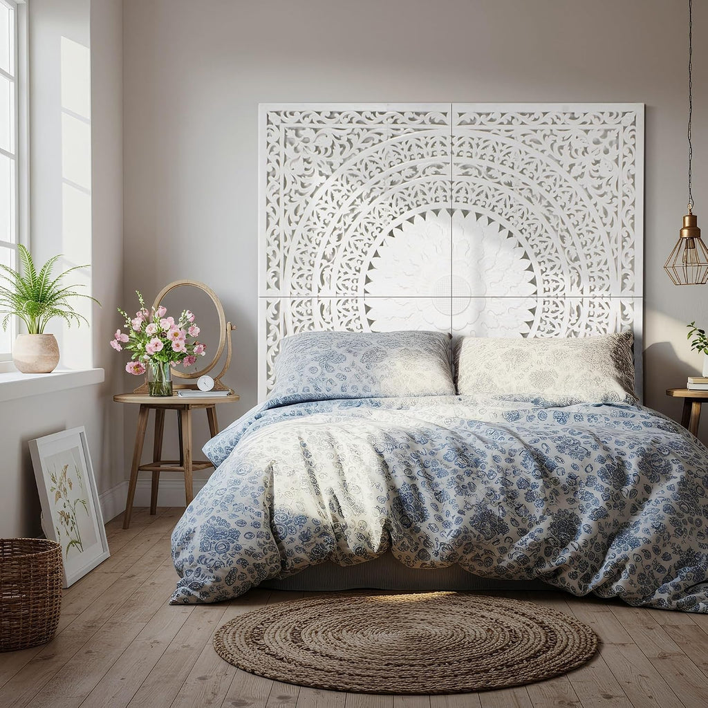 Queen Headboard Panels 59x59 in, Seruni White Hand Carved, Made in Bali Indonesia, Wall Mounted Behind Bed, 4 Panels + Hardware