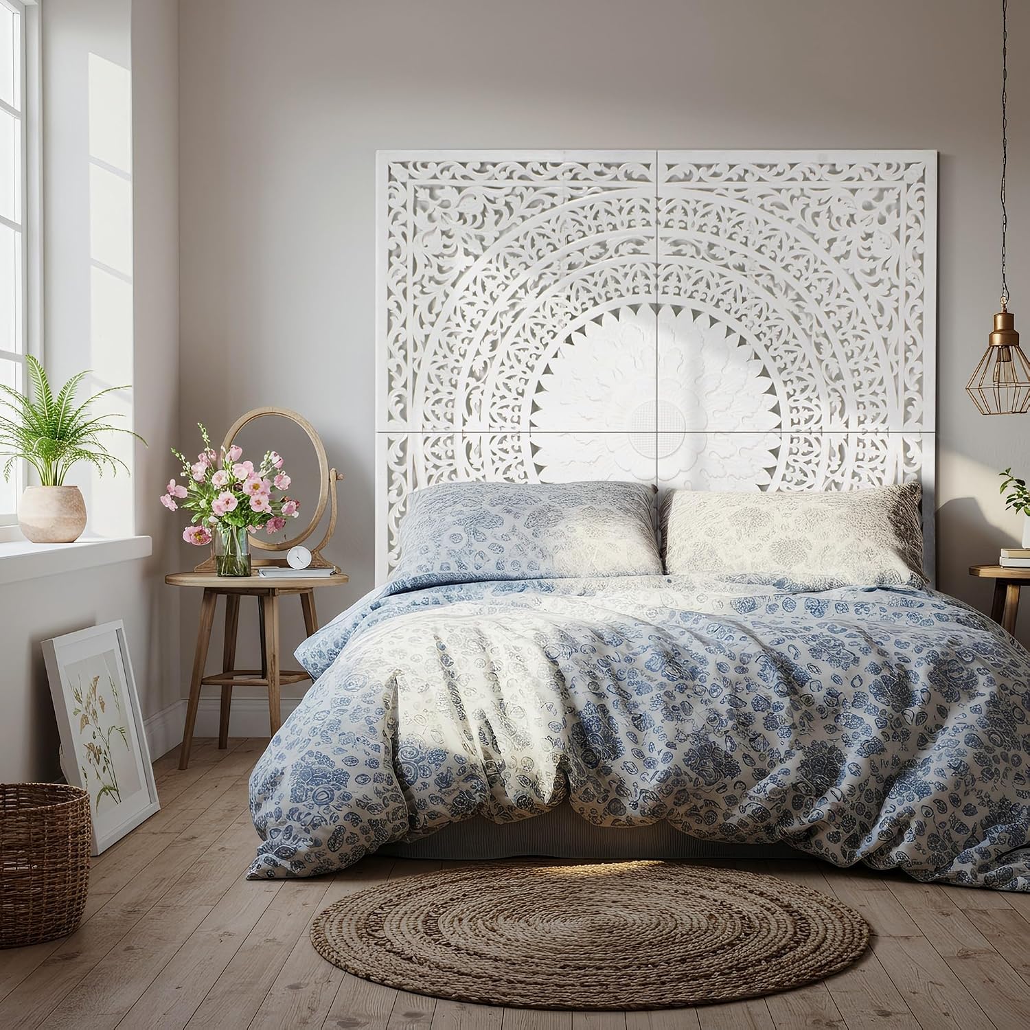 Queen Headboard Panels 59x59 in, Seruni White Hand Carved, Made in Bali Indonesia, Wall Mounted Behind Bed, 4 Panels + Hardware