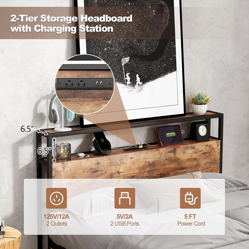 Giantex Full Bed Frame with 2 Storage Drawers and Charging Station, Industrial Platform Bed Frame with 2-Tier Storage Headboard, Rustic Metal Slats Support Mattress Foundation, No Box Spring Needed