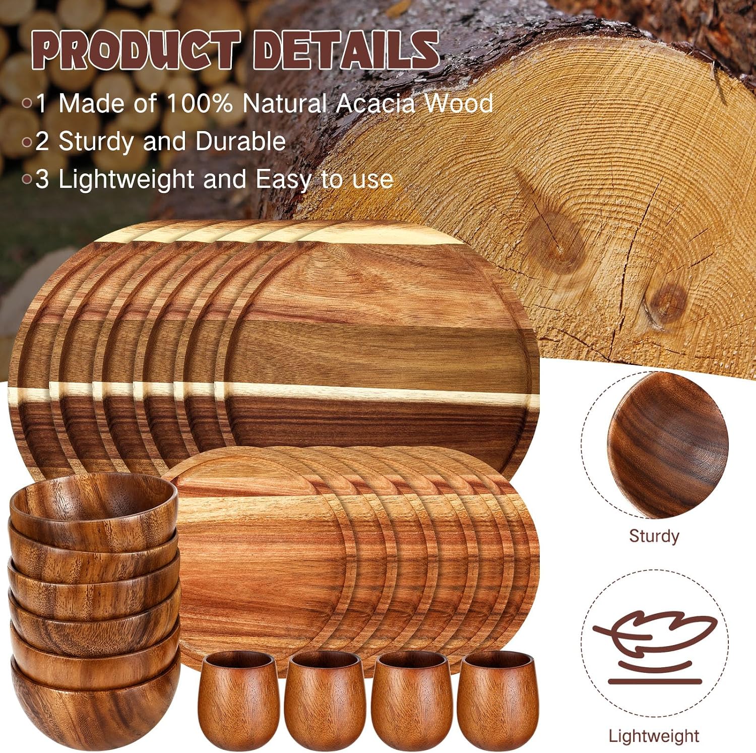 Maxdot 24 Pcs Acacia Wood Dinnerware Set, Round Wooden Plates, Solid Wooden Bowls and Tea Cups, Acacia Wood Tableware Supplies, Lightweight for Dishes Snack, Dessert, Set for 4