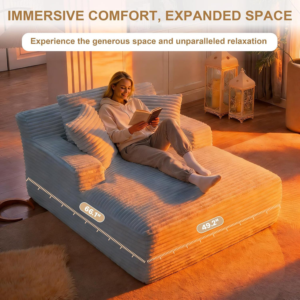 Oversized Chaise Lounge Chair Indoor, 66' Cloud Boneless Sleeper Couch Corduroy Upholstered Sofa Bed Deep Seat Comfy Reading Chair with 3 Pillows for Living Room Bedroom, Light Grey