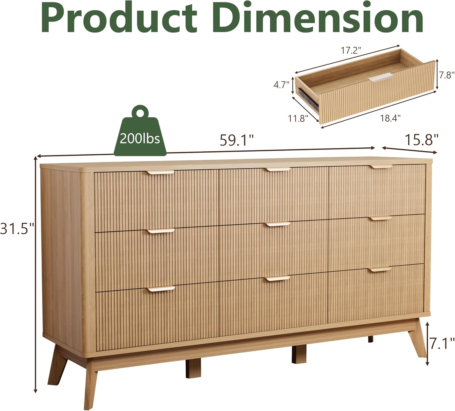 Royal Windsor Fluted 9 Drawers Dresser for Bedroom,59' Wide Wooden Dresser Chest of Drawers,Curved Profile Design,Storage Organizer for Living Room,Hallway,Natural Oak