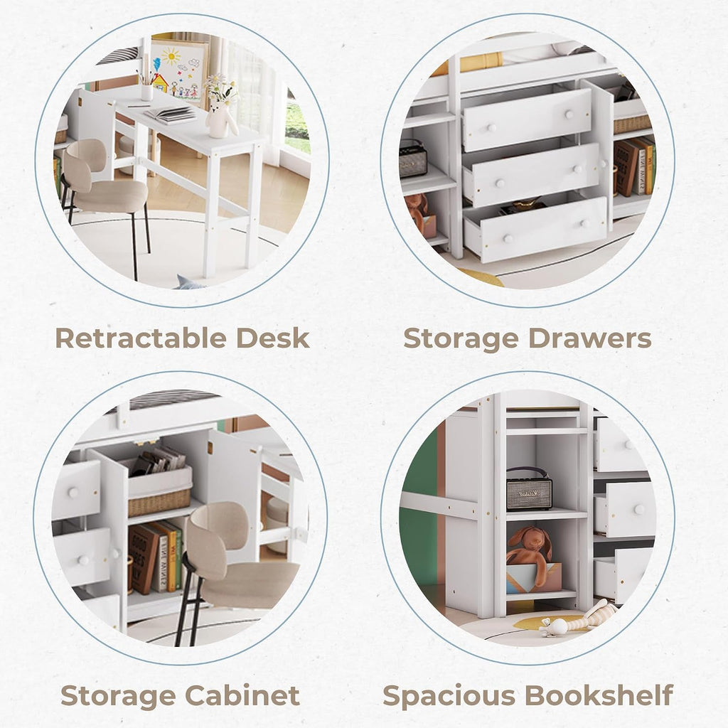 JIVOIT Twin Size Low Loft Bed with Retractable Desk, Multifunction Loft Bed with 3 Drawers, Cabinet and Shelves, Space Saving Wood Bed Frame for Kids Boys Girls (White * 02)