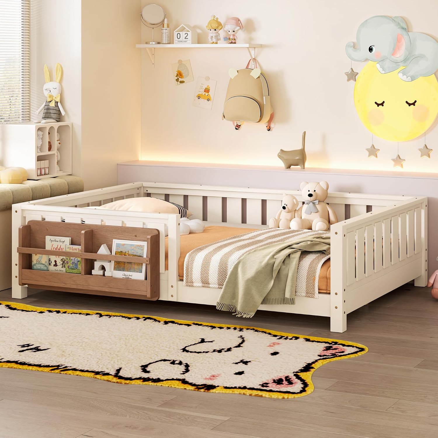 Bellemave Beige Montessori Floor Bed with Fence and Slats, Full Size Montessori Floor Bed with Bookcase and High Rails, Easy Assemble Bed Frame for Girls, Boys, Full