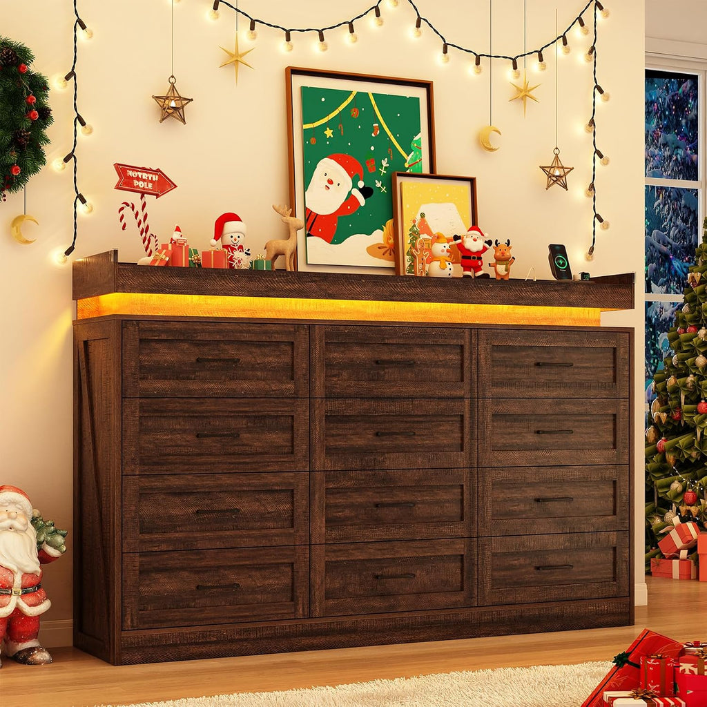 71' Wide 46' Tall Large Farmhouse 12 Drawers Dresser for Bedroom with LED Light and Power Outlets,Wood Rustic 12 Chests of Drawers for Closet,Tall Storage Dresser Organizer for Bedroom(Brown)