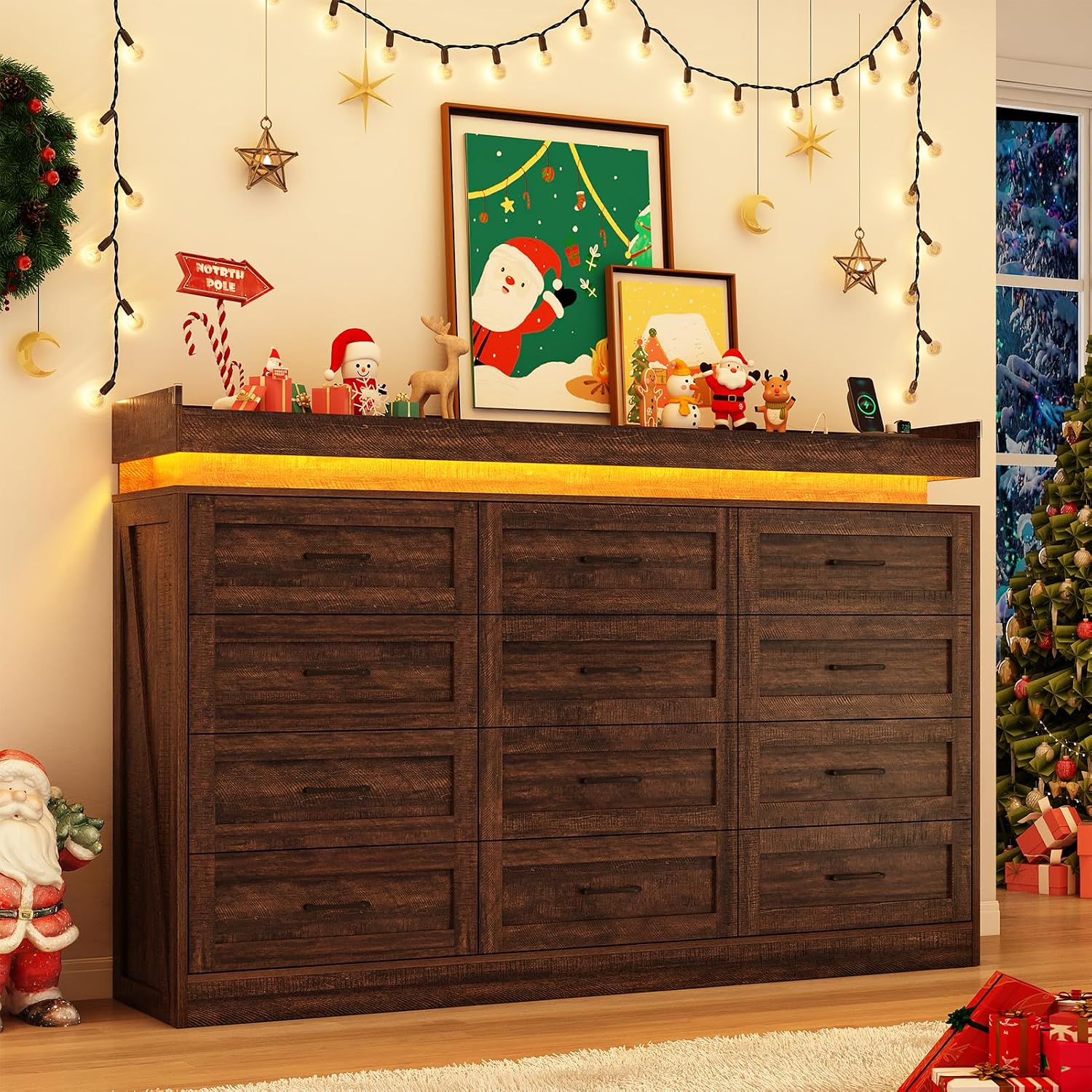 71' Wide 46' Tall Large Farmhouse 12 Drawers Dresser for Bedroom with LED Light and Power Outlets,Wood Rustic 12 Chests of Drawers for Closet,Tall Storage Dresser Organizer for Bedroom(Brown)