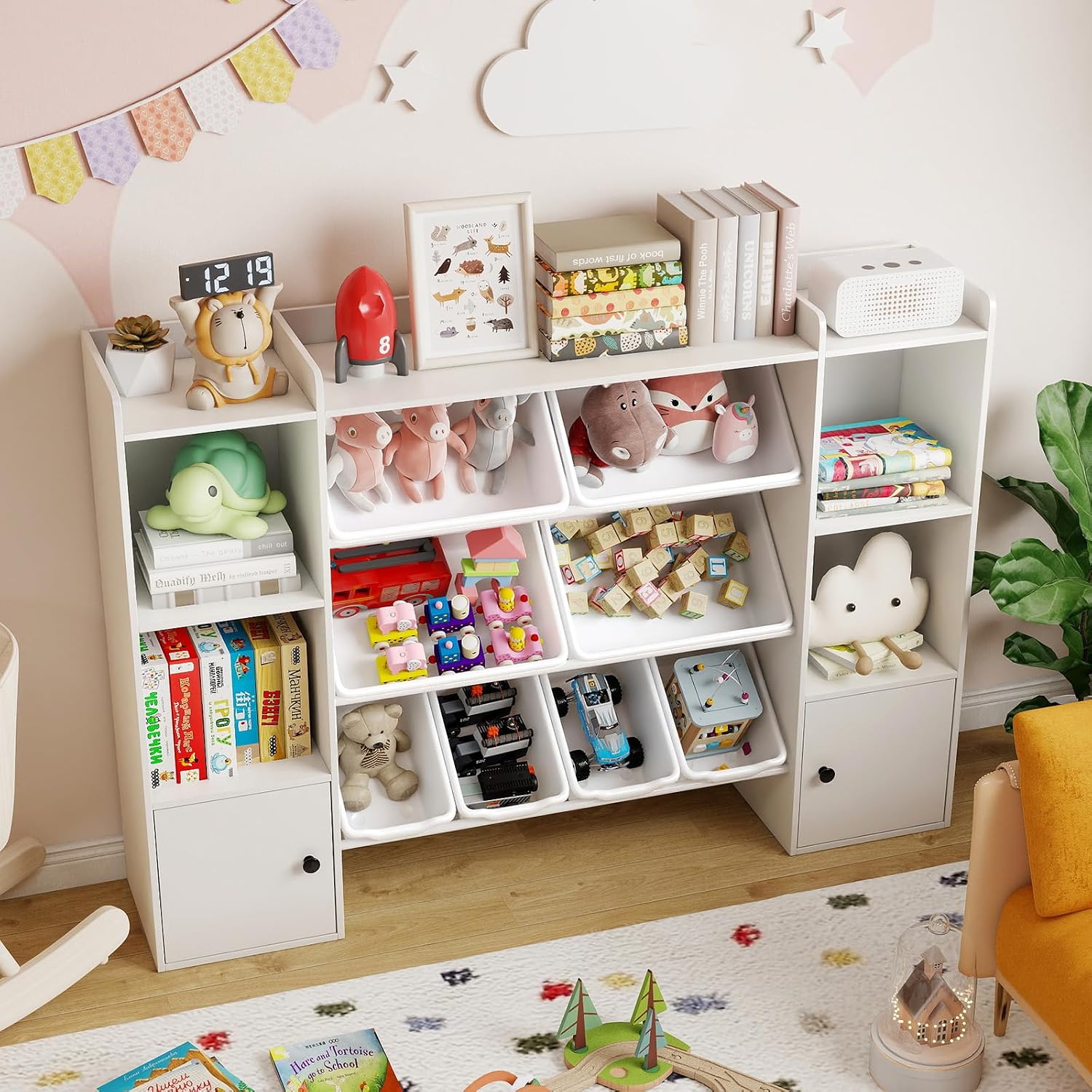 Costzon Kids Toy Storage Organizer w/ 8 Bins, Wooden Toddler Bookcase w/Open Shelves & Cabinet, Multifunctional Toy Storage Cabinet for Kids Room, Nursery & Playroom