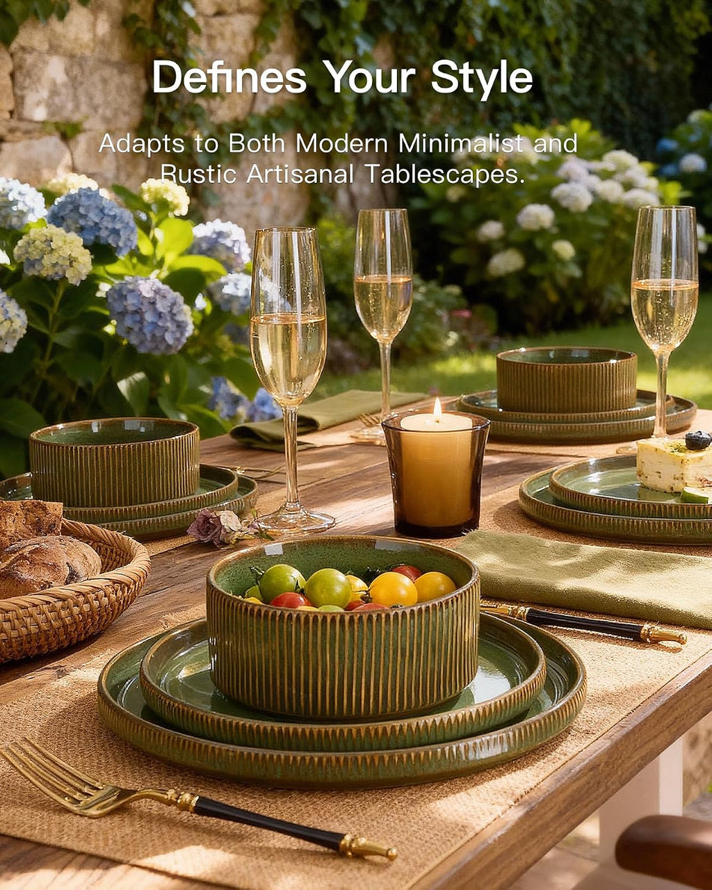 24-Piece Dinnerware Set Service for 8, Famiware Premium Stoneware Dish Set with Ribbed Plates and Deep Bowls, Double Reactive Glaze, Chip & Scratch Resistant, Microwave & Dishwasher Safe, Moss