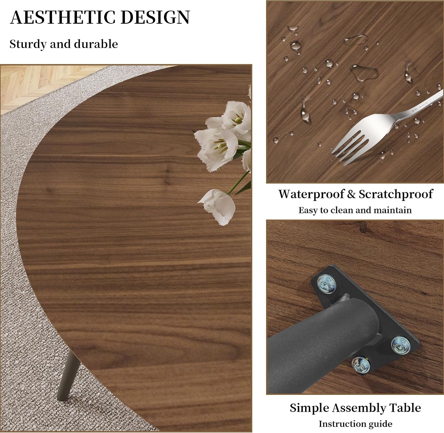 HIPIHOM 43.3 Inch Round Dining Table Set for 4, Modern Small Kitchen Coffee Set for Dining Room Kitchen Apartment (Walnut Table + 4 White Shell Chairs)