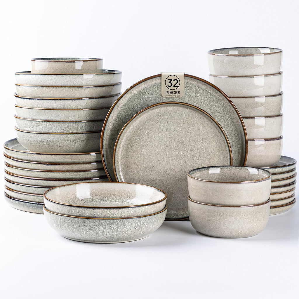 GBHOME 32 Pieces Double Bowls Ceramic Dinnerware Sets for 8, Stoneware Plates and Bowls Set with Reactive Glaze, Scratch Resistant Stoneware Dishes Set, Dishwasher & Microwave Safe