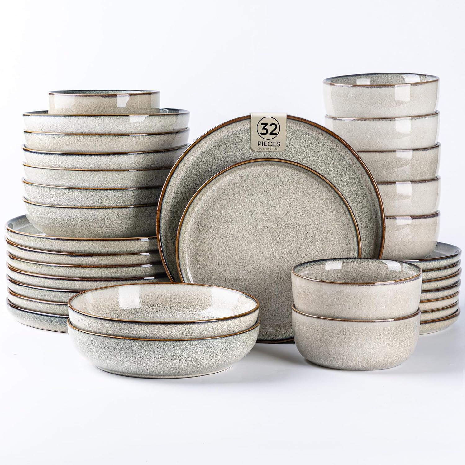 GBHOME 32 Pieces Double Bowls Ceramic Dinnerware Sets for 8, Stoneware Plates and Bowls Set with Reactive Glaze, Scratch Resistant Stoneware Dishes Set, Dishwasher & Microwave Safe