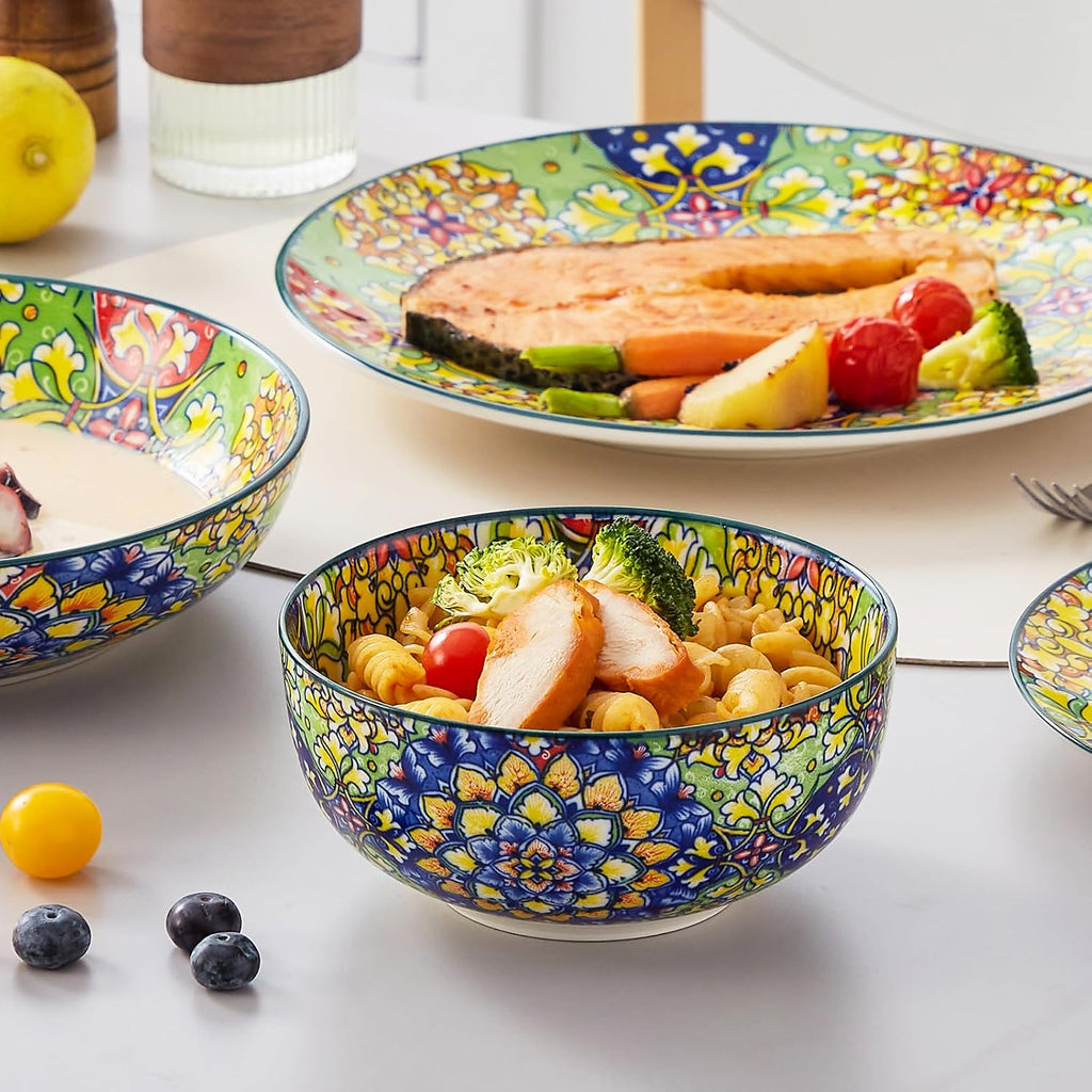 vancasso 24 Pieces Dinnerware Sets, Plates and Bowls Set, Porcelain Dishes Set for 6, Microwave and Dishwasher Safe, Scratch Resistant, Bohemian Style Dining Ware Service for 6, Series SIMI