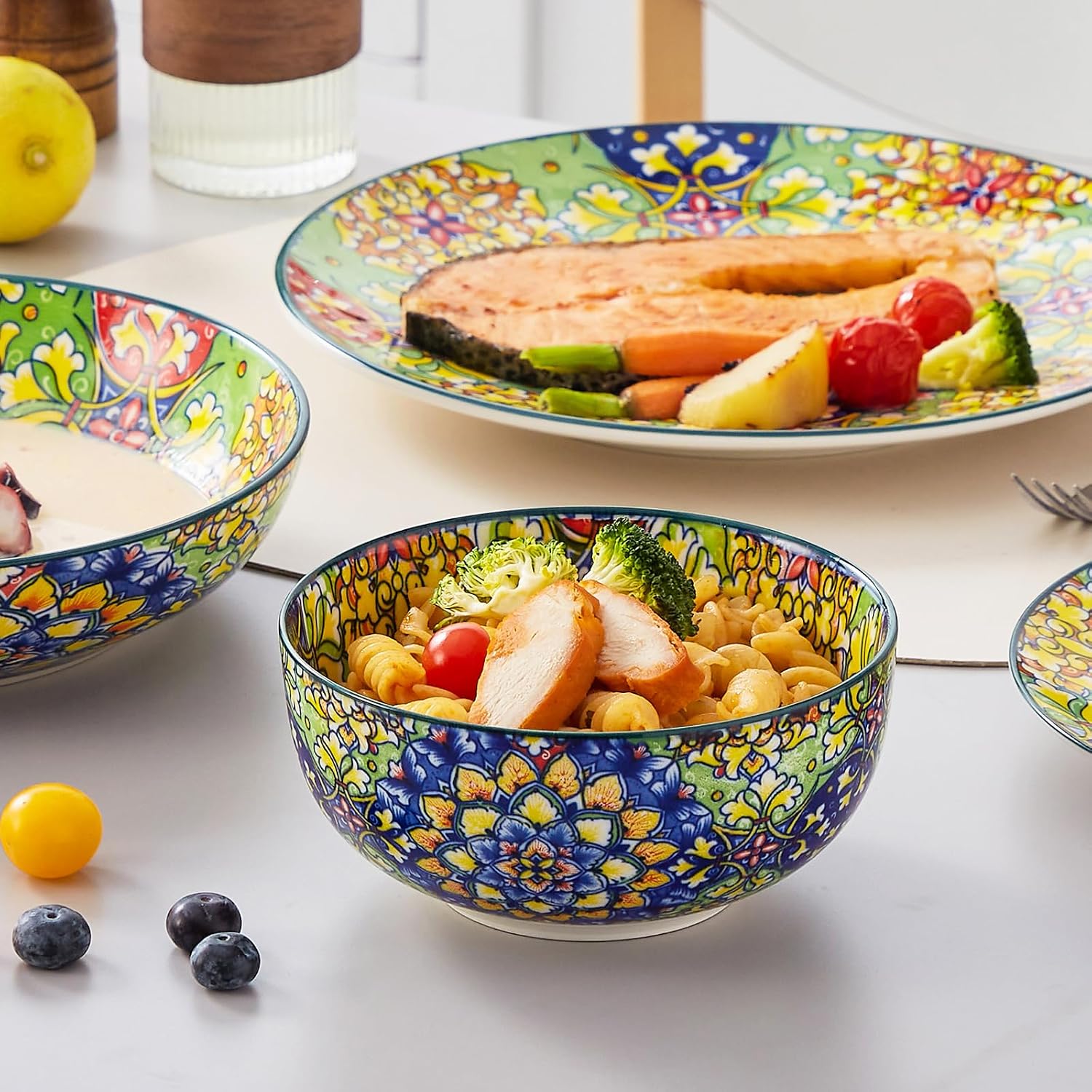 vancasso 24 Pieces Dinnerware Sets, Plates and Bowls Set, Porcelain Dishes Set for 6, Microwave and Dishwasher Safe, Scratch Resistant, Bohemian Style Dining Ware Service for 6, Series SIMI
