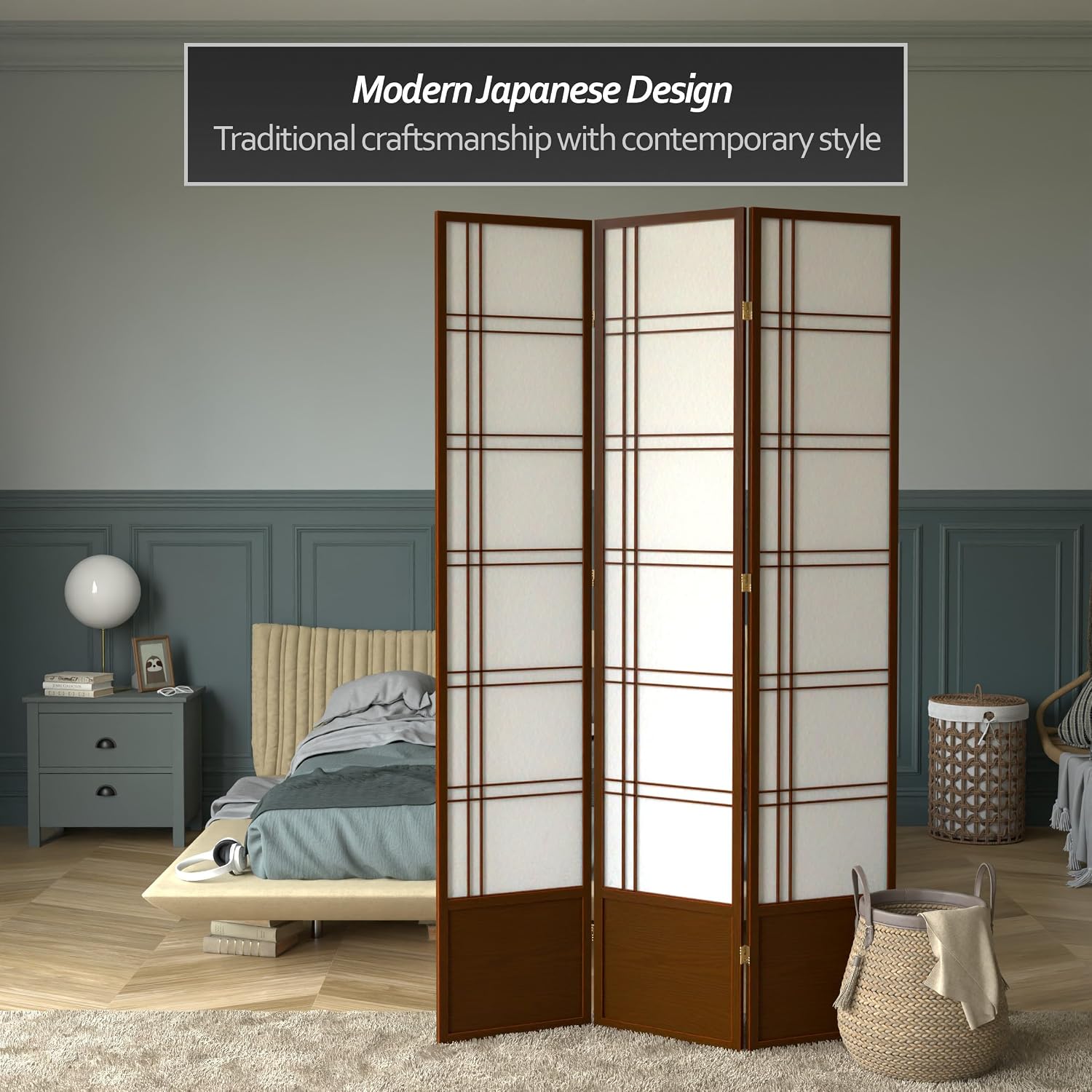 Red Lantern 7 ft. Tall Double Cross Shoji Screen - Walnut - 3 Panels