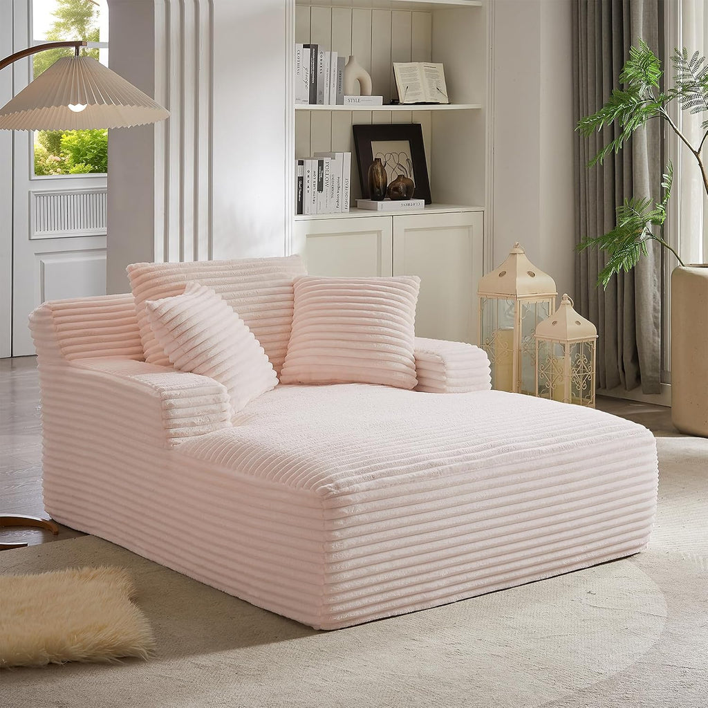 Oversized Chaise Lounge Chair Indoor, 66' Cloud Boneless Sleeper Couch Corduroy Upholstered Sofa Bed Deep Seat Comfy Reading Chair with 3 Pillows for Living Room Bedroom, Pink
