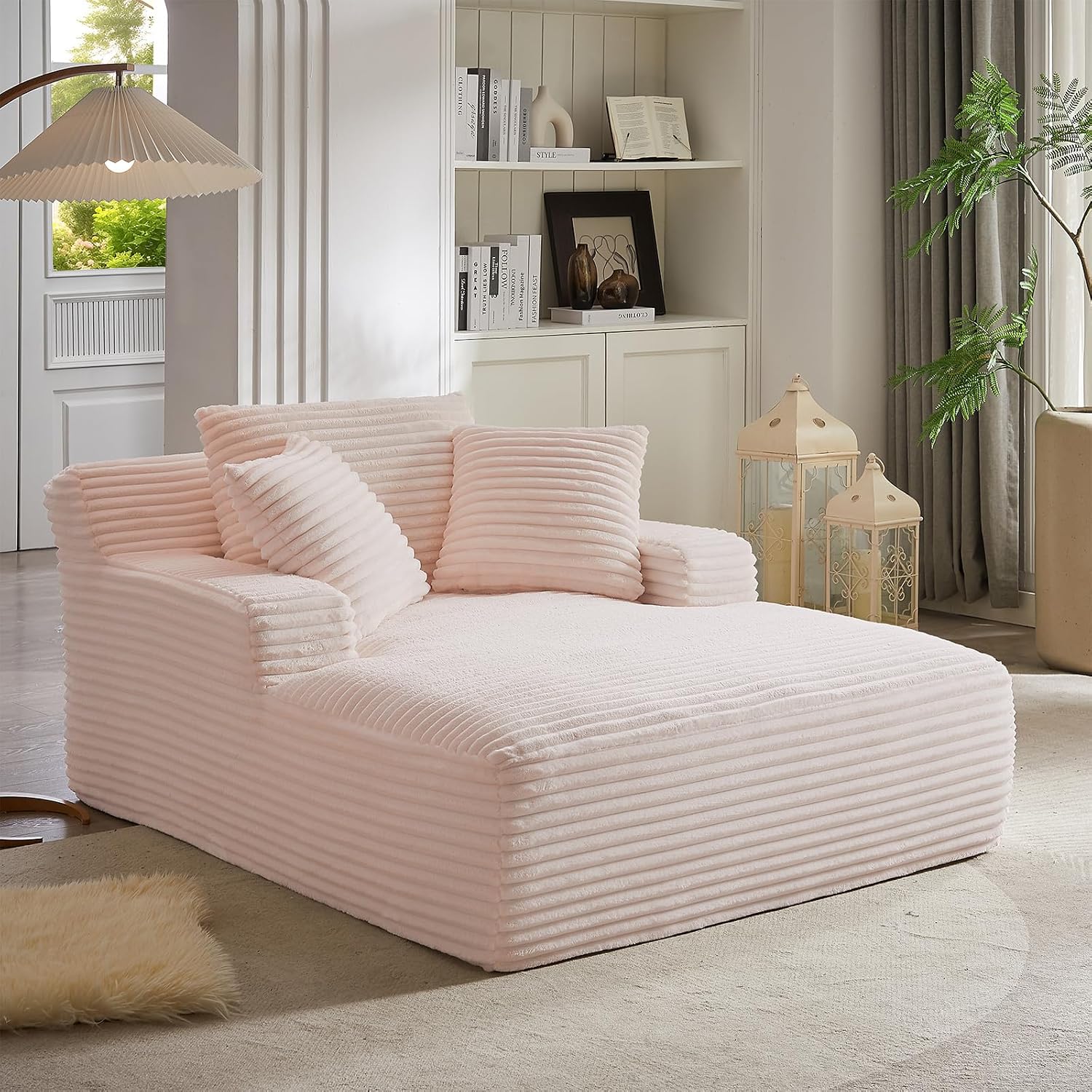 Oversized Chaise Lounge Chair Indoor, 66' Cloud Boneless Sleeper Couch Corduroy Upholstered Sofa Bed Deep Seat Comfy Reading Chair with 3 Pillows for Living Room Bedroom, Pink