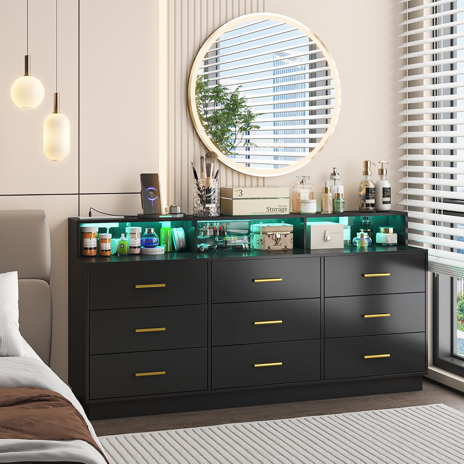 UNIQUITE Black 9 Drawer Dressers for Bedroom, Modern Large Dresser with LED Light and Power Outlet, Wooden Long Dresser for Bedroom, Entryway, Hallway