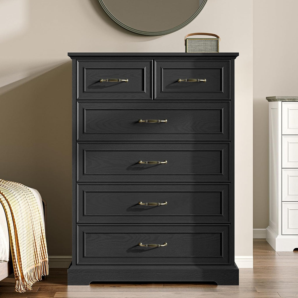 Farmhouse 6 Drawers Dresser for Bedroom, 43' Tall Wood Chest of Drawers with Deep Drawers & Bar Handles, Modern Dresser TV Stand, Rustic Wooden Closet Storage Organizer for Living Room, Hallway, Black