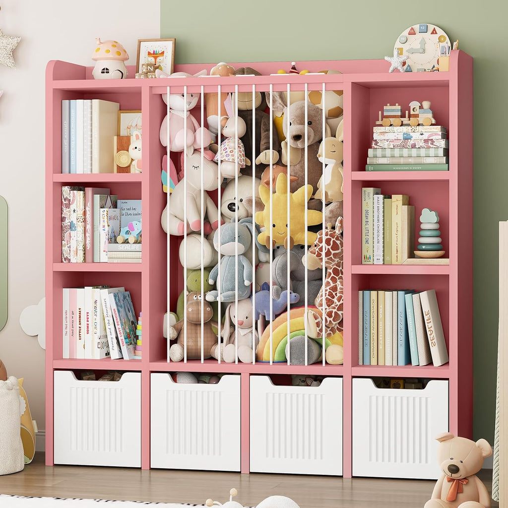ONBRILL Toy Storage Organizer, Toddler Stuffed Animal Storage, Kids Toy Shelf with 6 Open Cubbies & 4 Movable Toy Chest, Bookshelf for Kids Room Playroom Bedroom Nursery (Pink)