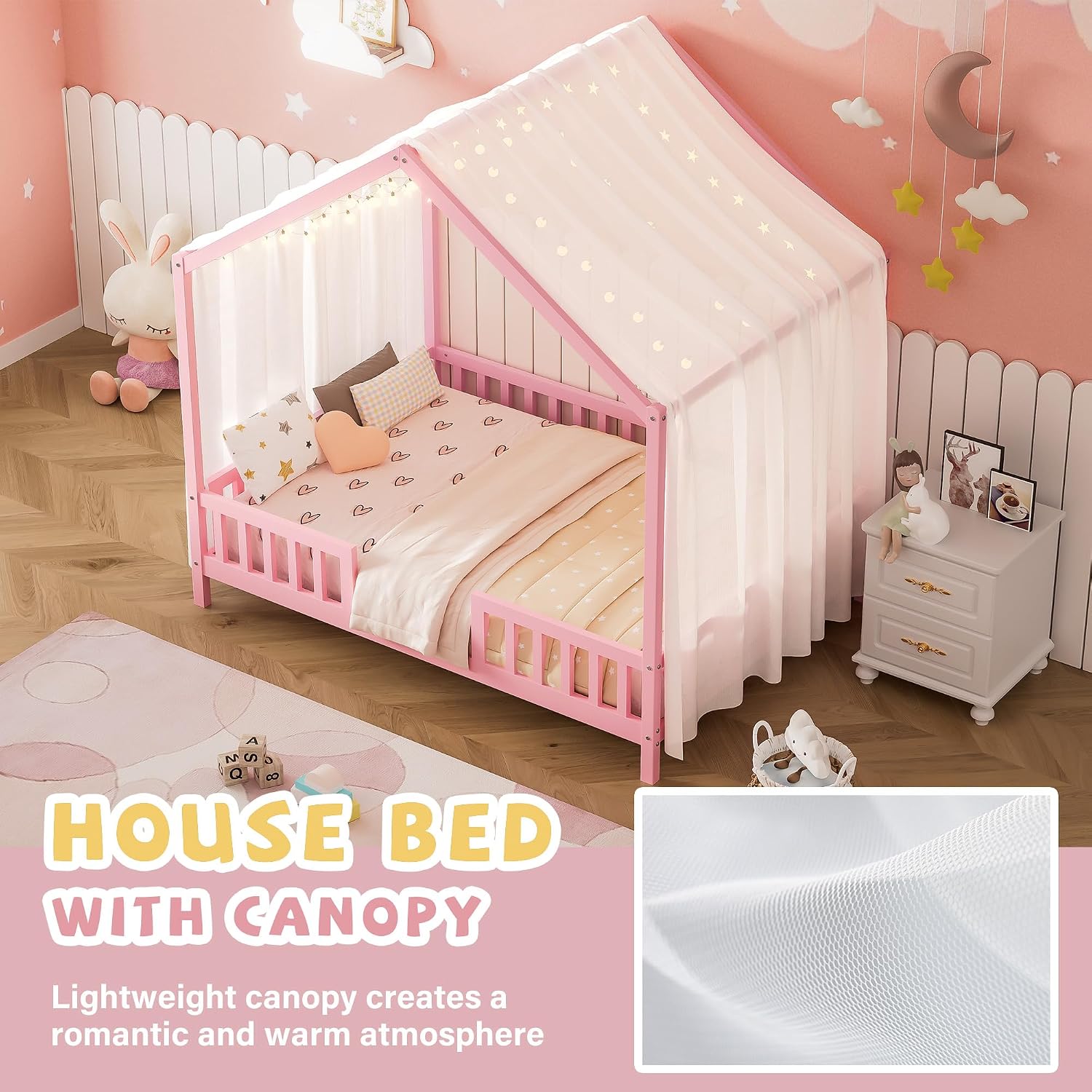Full Montessori Floor House Bed with High Rails, Wood Kids Low Floor Bed with Roof & Canopy, Montessori Full Kids Bed Frame for Girls, Boys,No Box Spring Needed, Pink