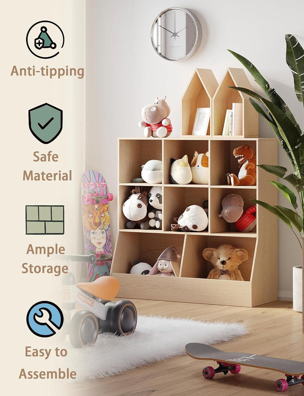 DINZI LVJ Toy Storage Organizer, Kids Bookshelf, Wood Toy Storage Cabinet, 3-Tier 8 Cubby Children Bookcase, 39.4' L Toddler Book Shelf for Playroom, Living Room, Nursery, Hallway, Classroom, Natural