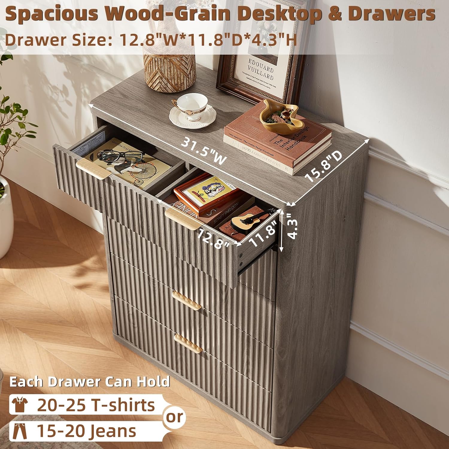 LEYAOYAO Fluted 6 Drawers Dresser for Bedroom Set of 2, 42' Tall Modern Chest of Drawers with Metal Handle, Curved Profile Design,Grey Wood Drawer Organizer for Bedroom, Living Room, Hallway
