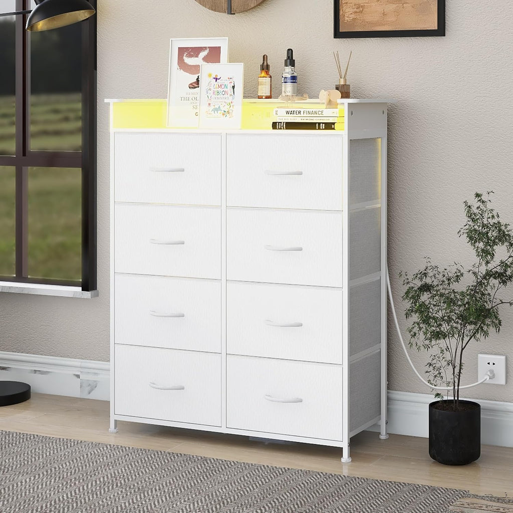 White Dresser for Bedroom with Power Outlets and LED Lights Narrow 8 Fabric Drawers Dressers Tall Storage Tower Unit for Entryway Closet Hallway Living Room Sturdy Steel Frame Wooden Top