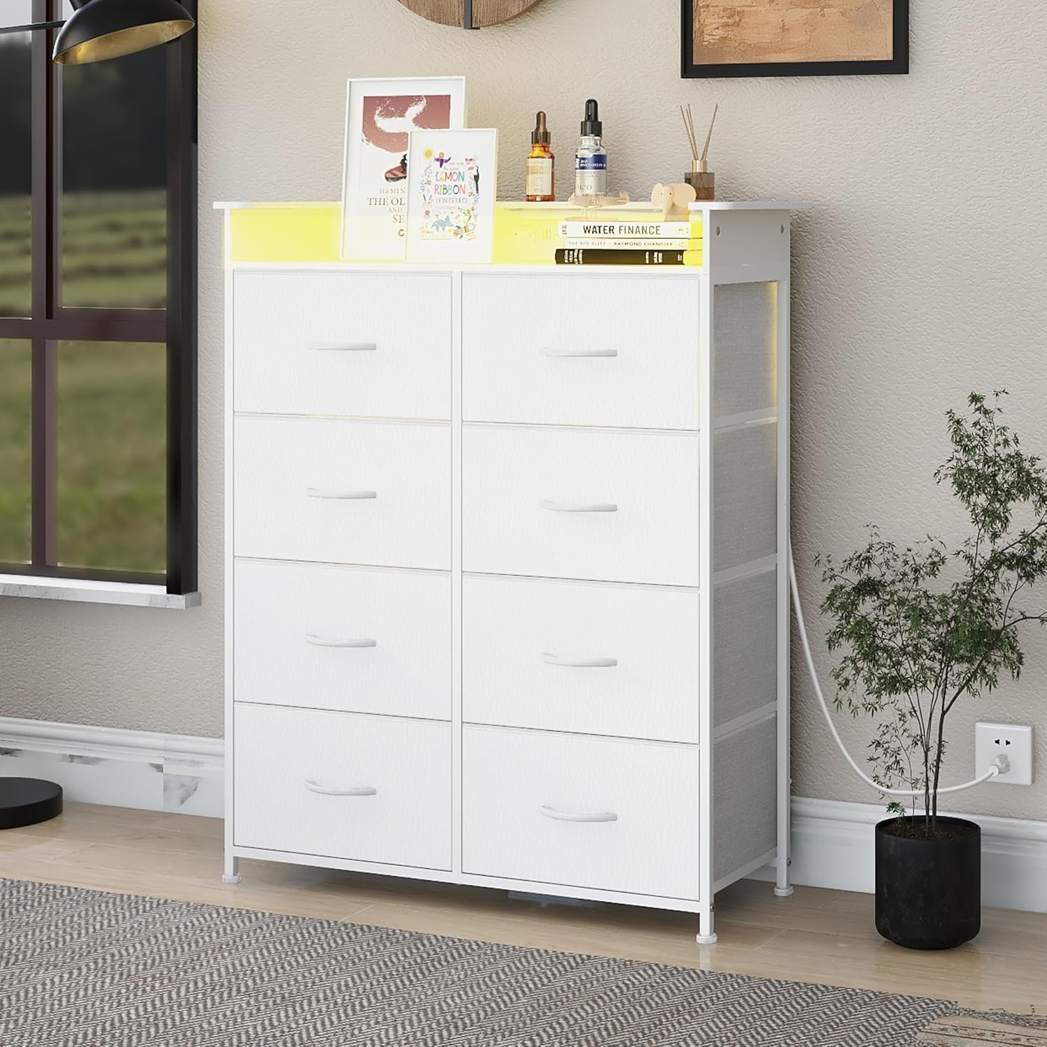 White Dresser for Bedroom with Power Outlets and LED Lights Narrow 8 Fabric Drawers Dressers Tall Storage Tower Unit for Entryway Closet Hallway Living Room Sturdy Steel Frame Wooden Top