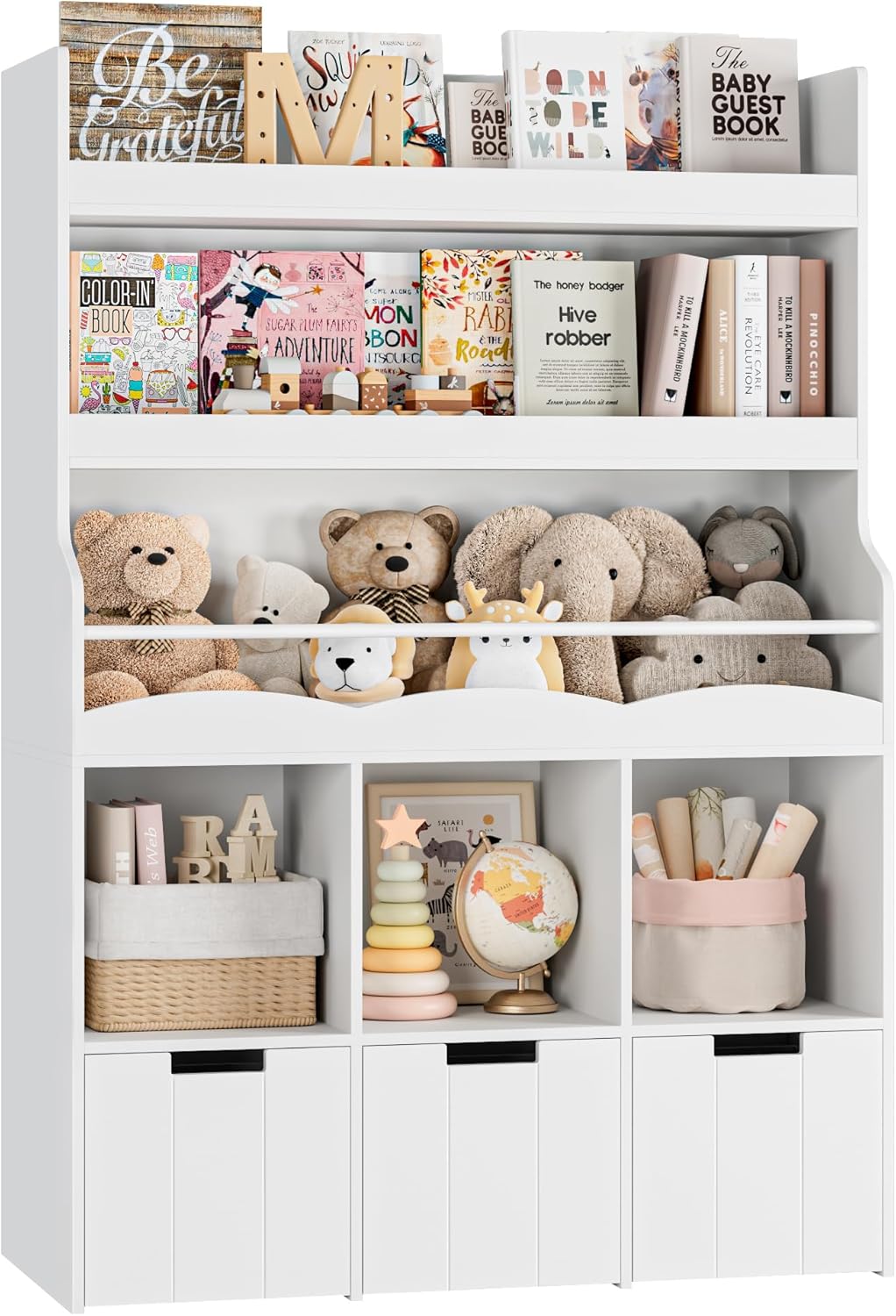 HITHOS 55.3' H Kids Bookshelf with Toy Storage Organizer, Tall Book Shelf with 3 Movable Toy Storage Bins, Large Kids Bookcase with Toy Chest, 39.2' W Modern Toy Box for Kid Room, Playroom, White