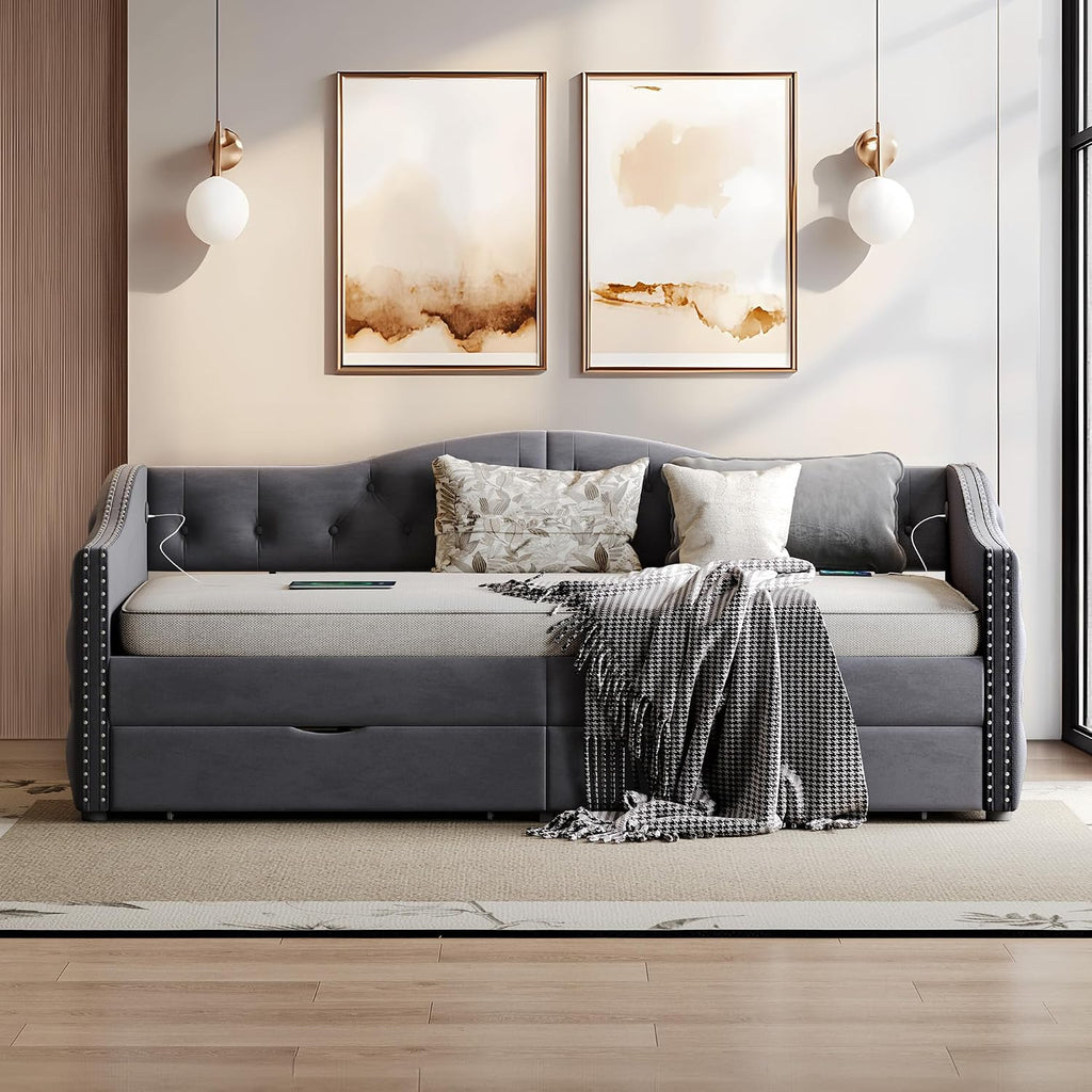 Twin Size Daybed with Storage Drawers, Upholstered Daybed with 2 USB Ports, Sturdy Metal and Wood Frame,Day Bed for Bedroom, No Box Spring Needed, Grey