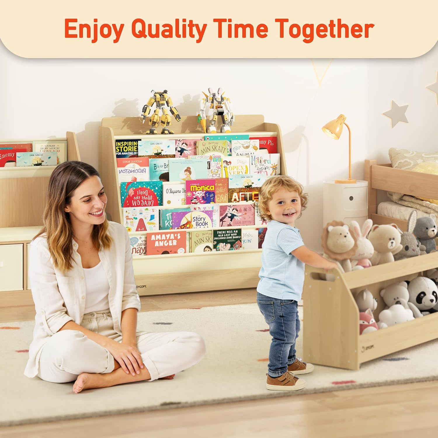 JOYCOPY- 2-in-1 Bookcase Set 5-Tier Kids Bookshelf and Toy Storage with Rolling Book cart, Hideable Storage for Nursery, Playroom, Classroom, Nature
