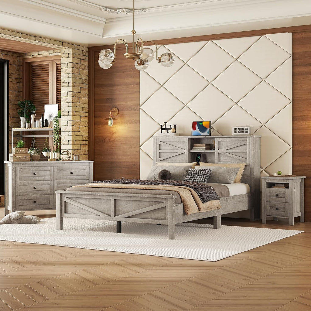 3-Pieces Bedroom Sets with Queen Size Farmhouse Platform Bed, Double Sliding Door Storage Headboard, USB, 3PCS Bedroom Sets with Cabinet, Nightstands for Kids Adults, Gray
