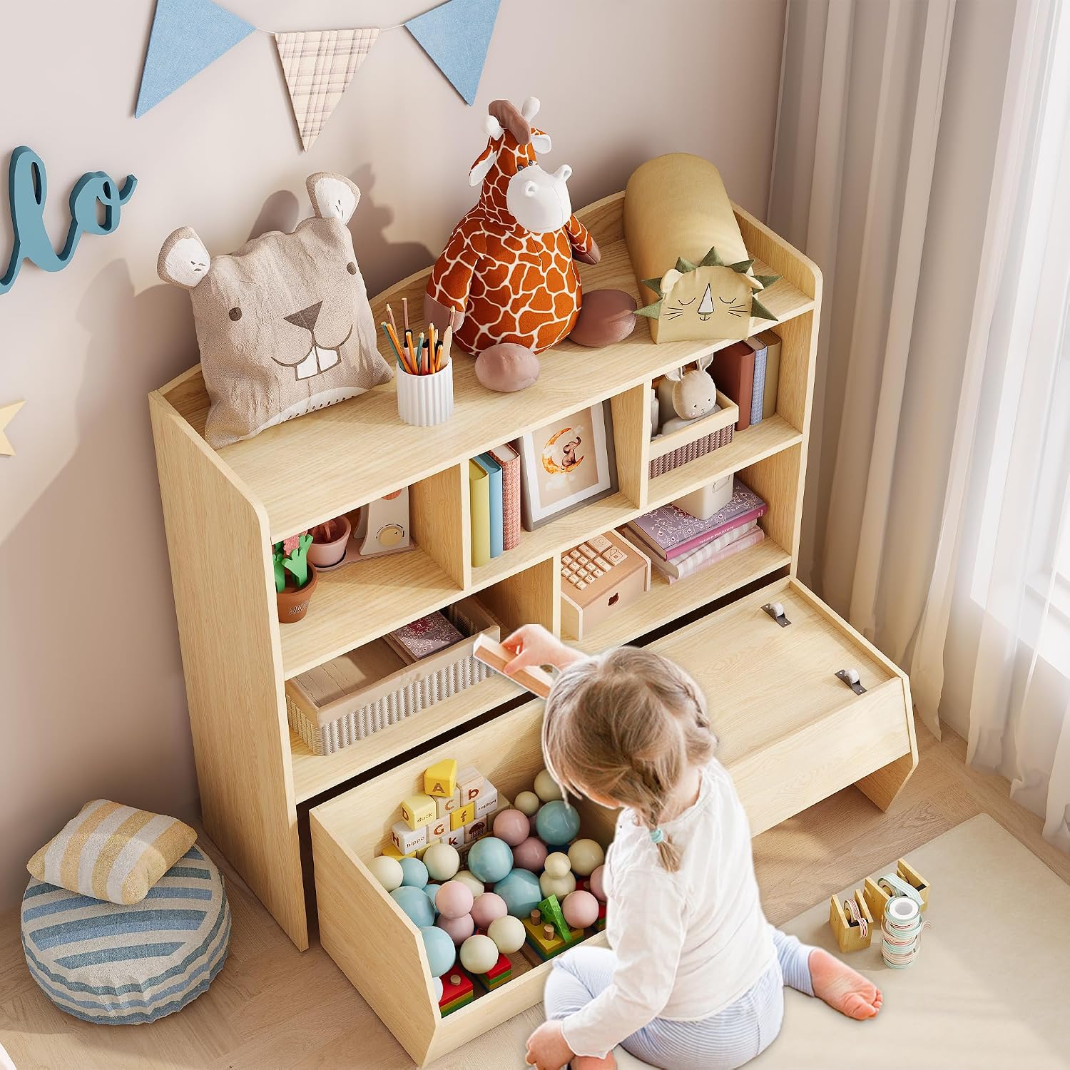 IDEALHOUSE Toy Storage Organizer with Movable Drawers, Kids Bookshelf with Hidden Wheels and 5 Open Cubbies, Multifunctional Storage Cabinet Chest for Playroom