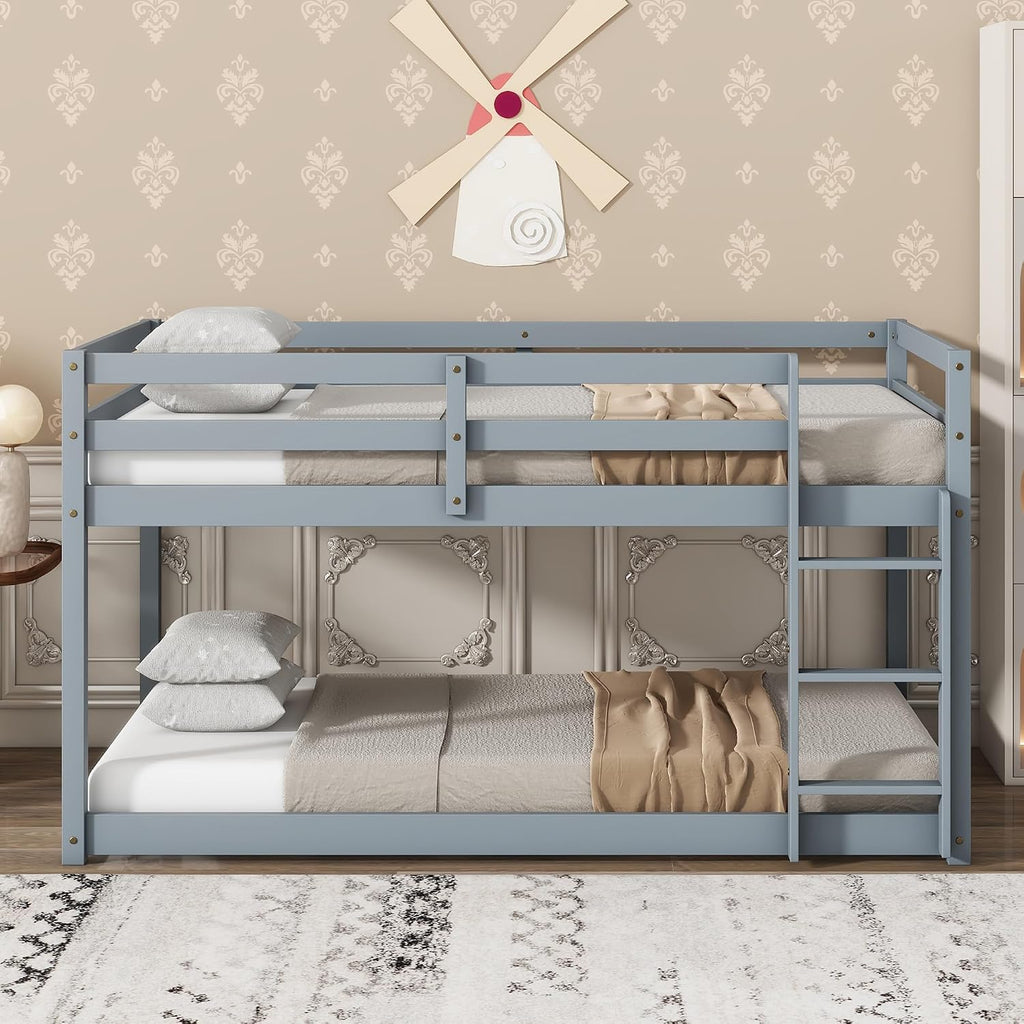 Ball & Cast Twin Over Twin Bunk Bed,Solid Rubber Wooden Low Floor Platform Bed with Ladder and Full Length Guardrail,Slat Support,Bedroom Furniture for Girls Boys,Grey