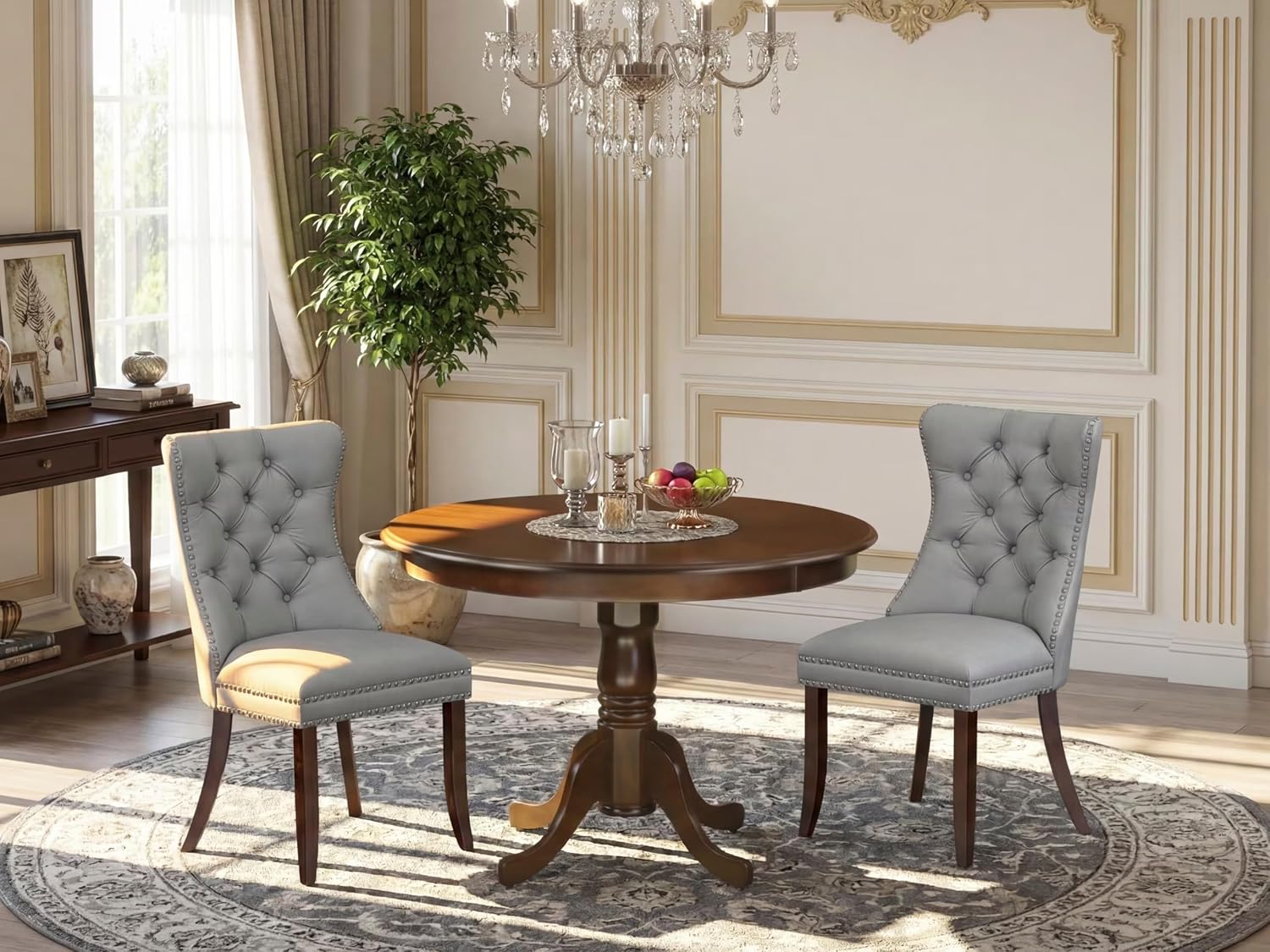 East West Furniture HLDA3-MAH-27 3 Piece Dining Set Consists of a Round Kitchen Table with Pedestal and 2 Polyester Fabric Upholstered Parson Chairs, 42x42 Inch, Mahogany