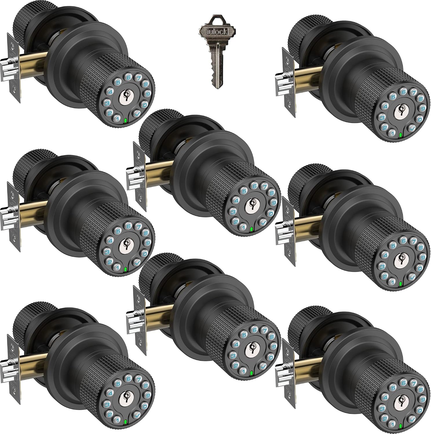 iulock Smart Door Knob with Keypad and Key,Keyless Entry Door Lock with Rubber Grip, Auto Lock,50 User Code,Waterproof, Easy to Install and Program for Bedroom(Matte Black Same Key 8 Pack)