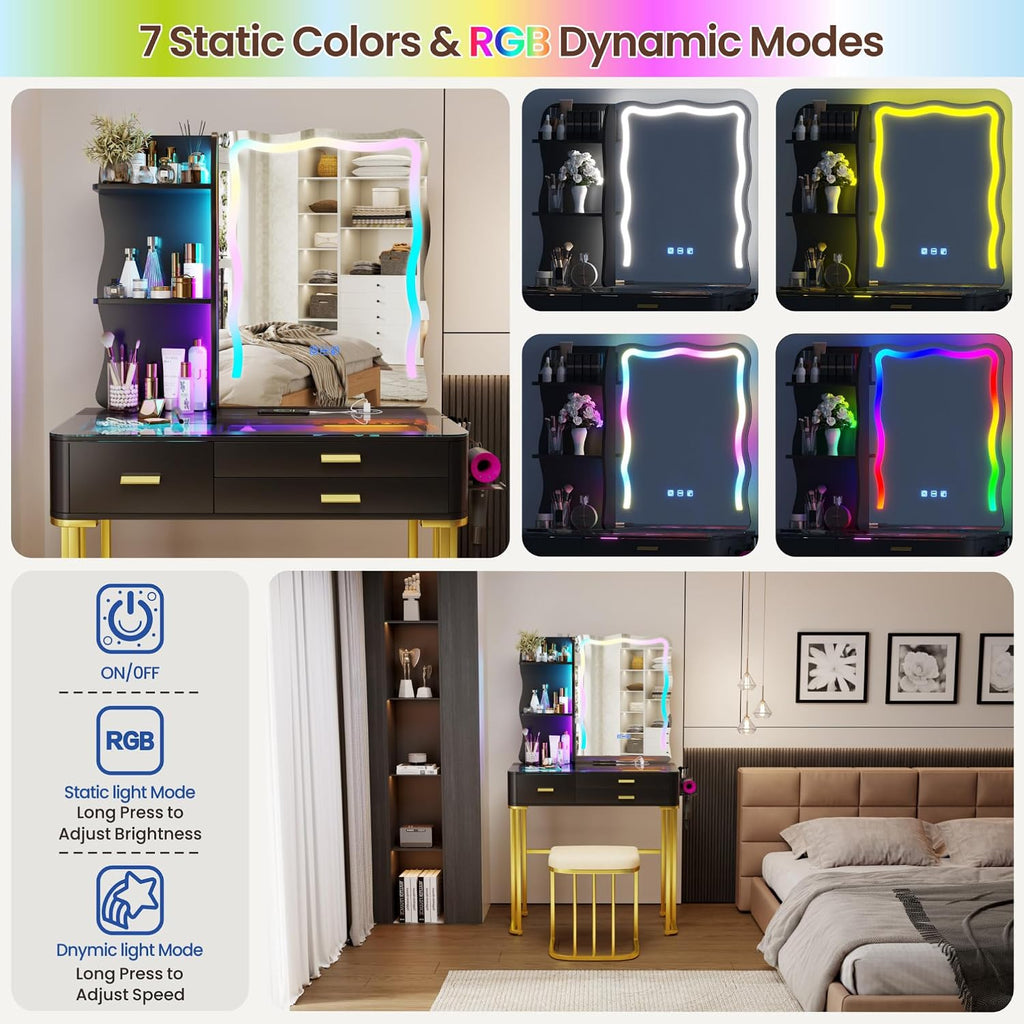 Glass Top Makeup Vanity Desk with LED Mirror & RGB Lights, Modern Vanity Table with 3 Drawers, Charging Station, Hair Dryer Holder, Dimmable Colorful Light Vanity Set for Bedroom,Black