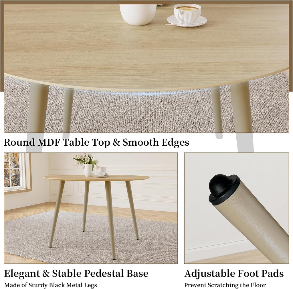 HIPIHOM 43.3 Inch Round Dining Table Set for 4, Modern Small Kitchen Coffee Set for Dining Room Kitchen Apartment (Cream Table + 4 Brown Chairs)
