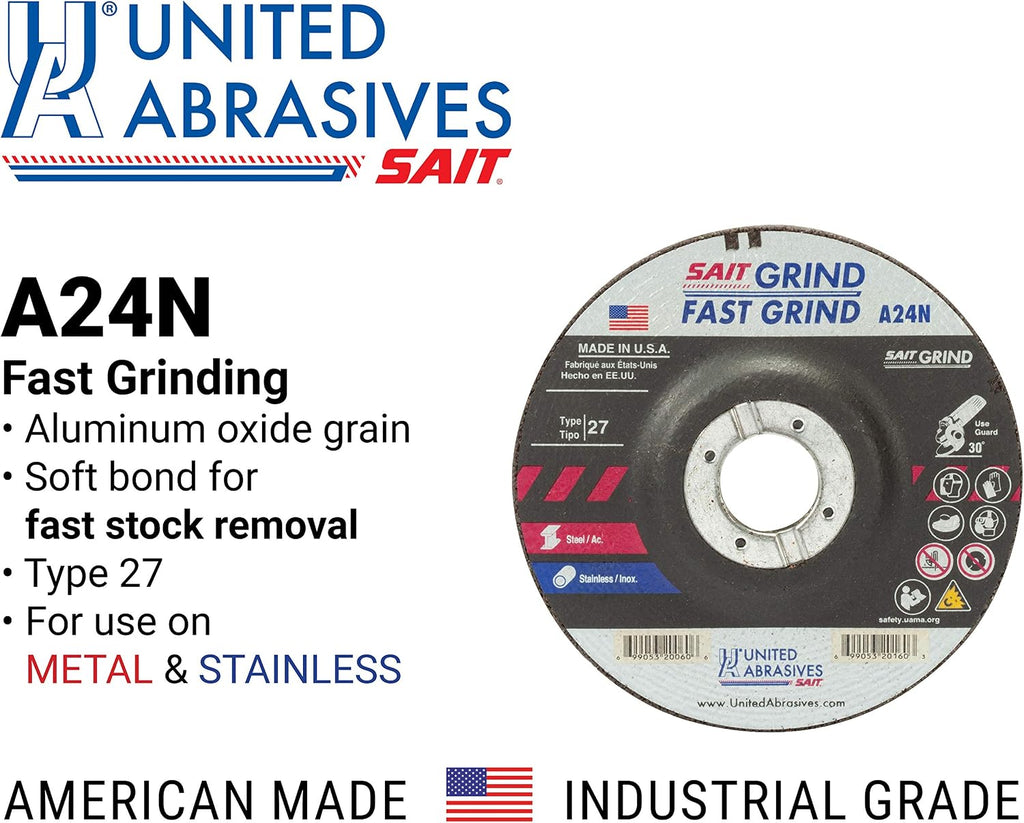 United Abrasives-SAIT 20002 A24N Fast Grinding Wheel 3' x 1/4' x 3/8' Type 27, 25-Pack