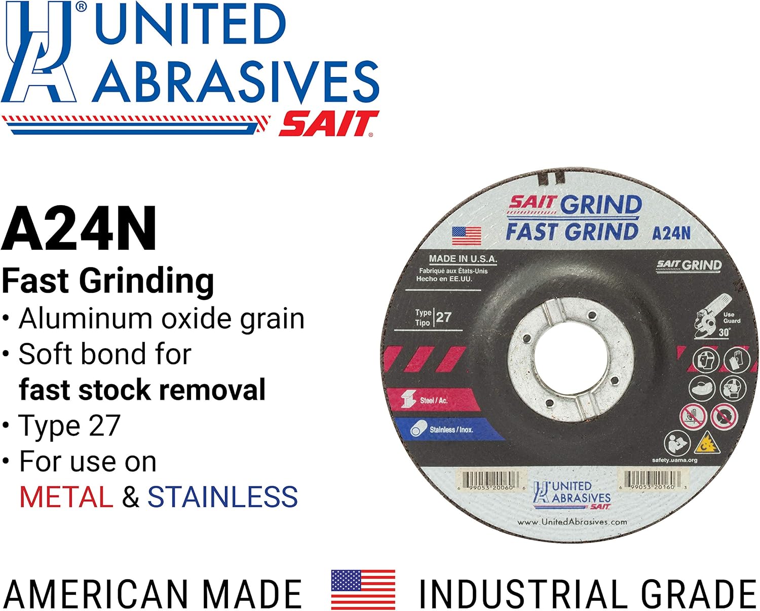 United Abrasives-SAIT 20002 A24N Fast Grinding Wheel 3' x 1/4' x 3/8' Type 27, 25-Pack