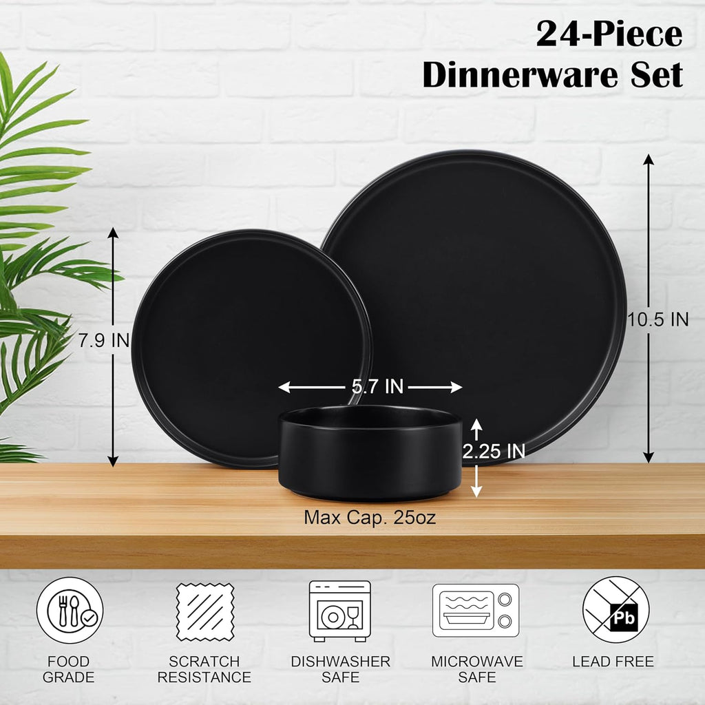 E-far Black Dinnerware Sets for 8, 24-Piece Stoneware Plates and Bowls Dish Set, Modern Kitchen Dinning Dishware, Chip and Scratch Resistant, Microwave & Dishwasher Safe, Matte Black
