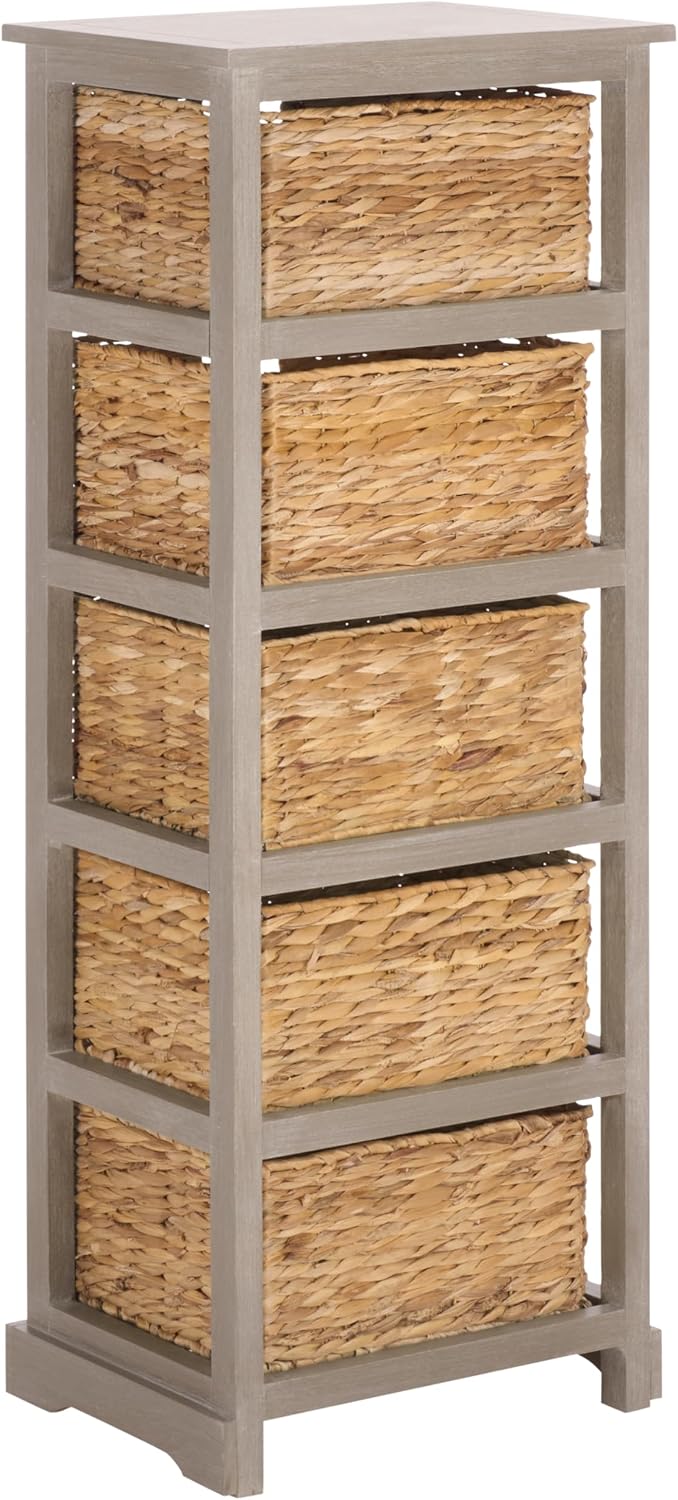 SAFAVIEH Furniture - Vedette 5-Basket Storage Tower - White Washed - Solid Wood - Coastal Basket Tower Design - Ideal for Entryway, Living Room, 17.5'W x 13.5'D x 46'H - Fully Assembled (AMH5739E)
