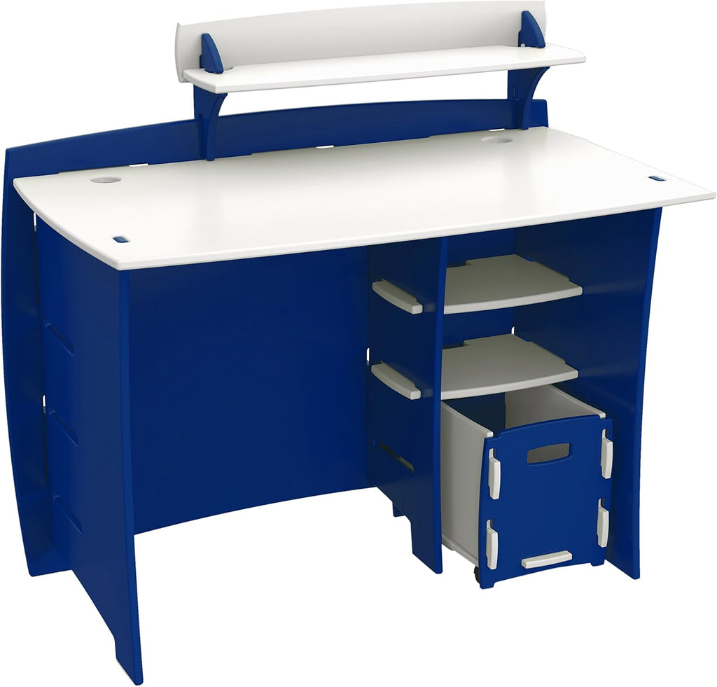 Legaré Furniture Children's Desk with Shelves and File Cart Set for Kids, Blue Race Car Series Desk, Blue and White