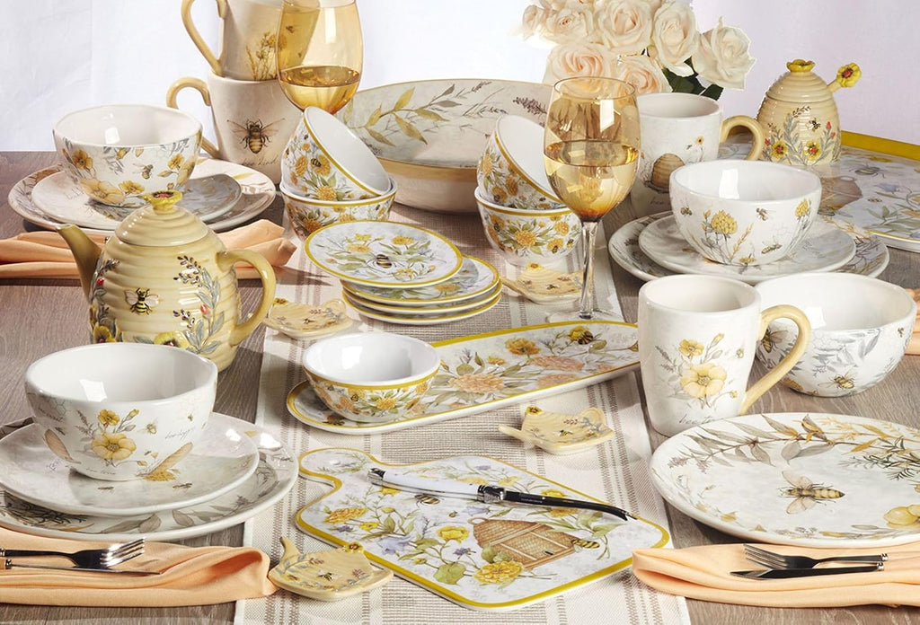 Bee Sweet 16-Piece Ceramic Dinnerware Set – Service for 4, Farmhouse Bee and Floral Design, Includes 4 Dinner Plates, 4 Salad Plates, 4 Bowls, 4 Large Mugs – Microwave & Dishwasher Safe