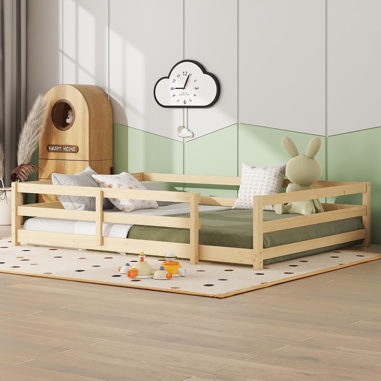 Modern Classic Full Size Bed Frame with Fence, Sturdy Wood Montessori Floor Bed for s, Boys, Girls, Dorm, Bedroom, House, Easy to Assemble, Noise-Free Design, No Box Spring Needed,Full-Oak