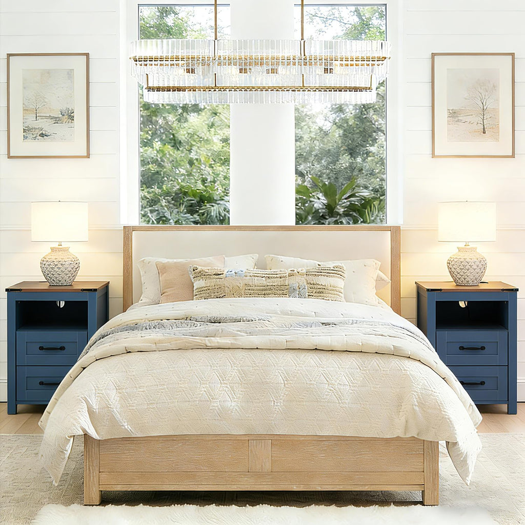 Farmhouse Night Stand Set of 2, Rustic Blue Nightstand for Bedroom, End Tables with Charging Station, Bedside Table with Drawers, Wood Bedside Cabinet Dresser