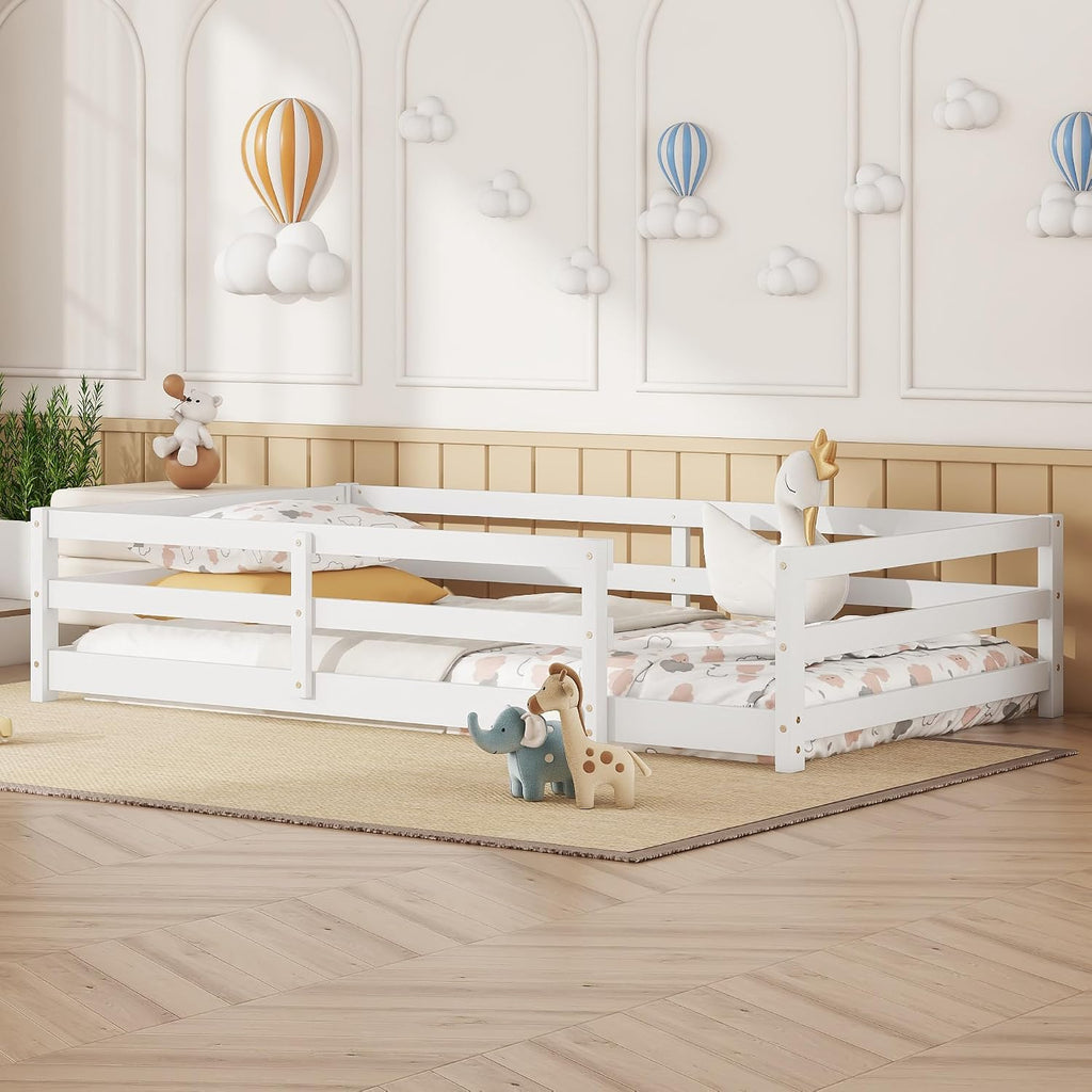 Modern Classic Full Size Bed Frame with Fence, Sturdy Wood Montessori Floor Bed for s, Boys, Girls, Dorm, Bedroom, House, Easy to Assemble, Noise-Free Design, No Box Spring Needed,White-Tw