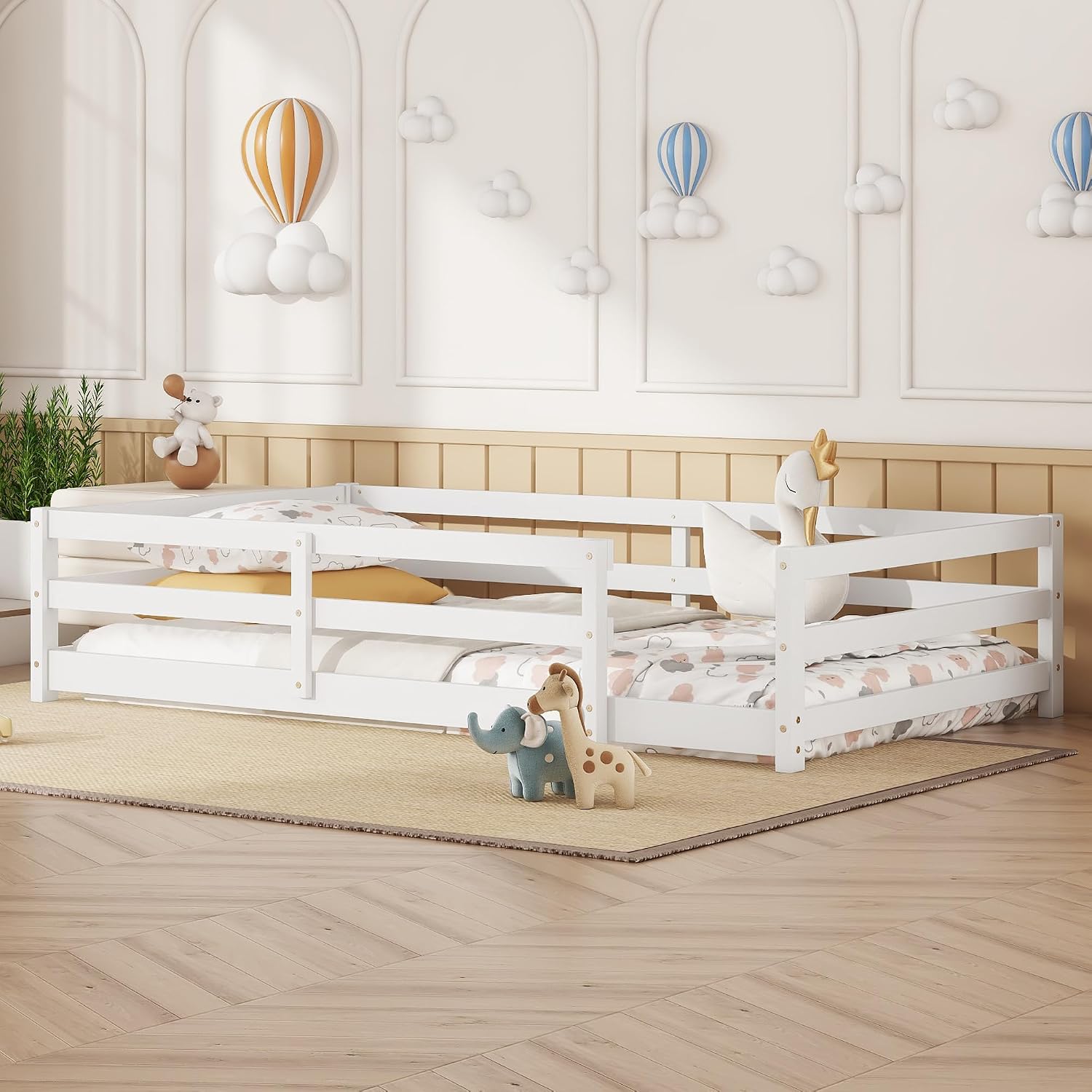 Modern Classic Full Size Bed Frame with Fence, Sturdy Wood Montessori Floor Bed for s, Boys, Girls, Dorm, Bedroom, House, Easy to Assemble, Noise-Free Design, No Box Spring Needed,White-Tw