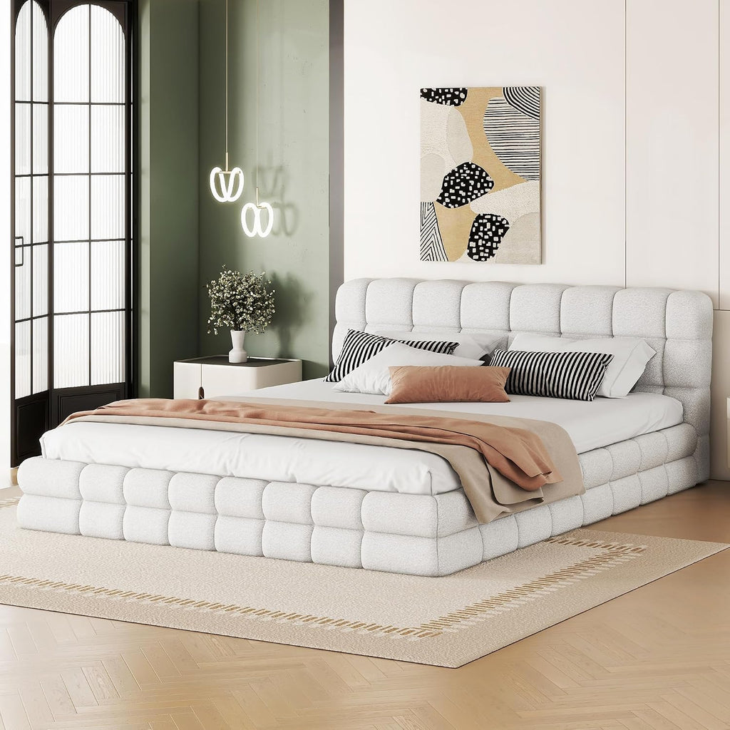 Queen Size Upholstered Platform Bed, Velvet headboard,Wood Slat Support, No Box Spring Needed,Easy Assembly,Bedroom Set (A+White)
